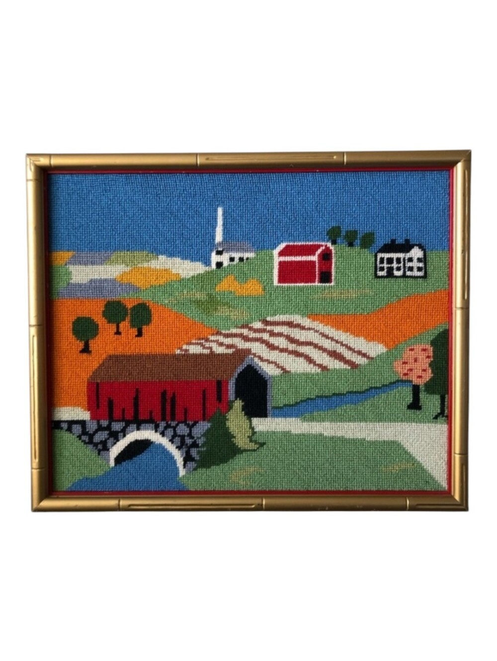 Vintage 1970s Framed Needlepoint Primitive Farm Scene Covered Bridge Folk Art